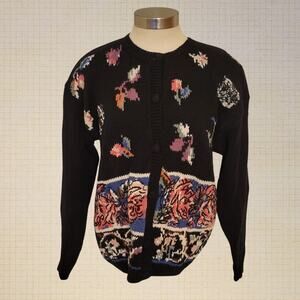 Vintage 90s Floral Knit Cardigan Sweater Michelle Stewart Black M Shoulder Pads